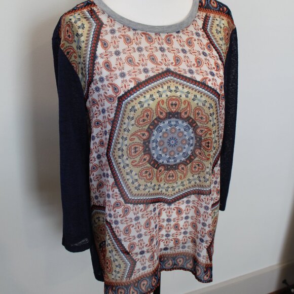 New Directions Mulitcolored/Navy Top with 3/4 Length Sleeves Sz Large - Picture 2 of 8